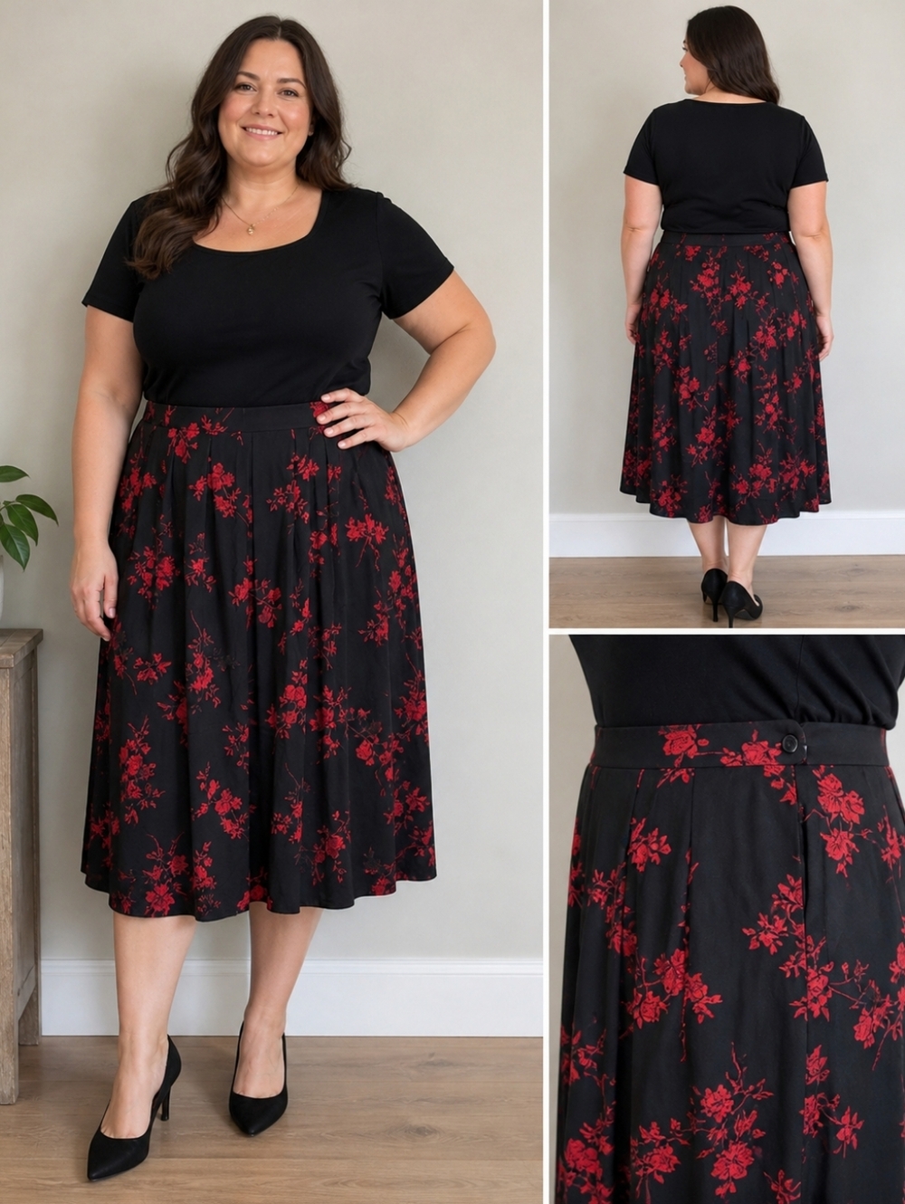 Koret Womens Plus Size 22 Black Red Floral Pleated Flowy Midi Skirt Classic NWT